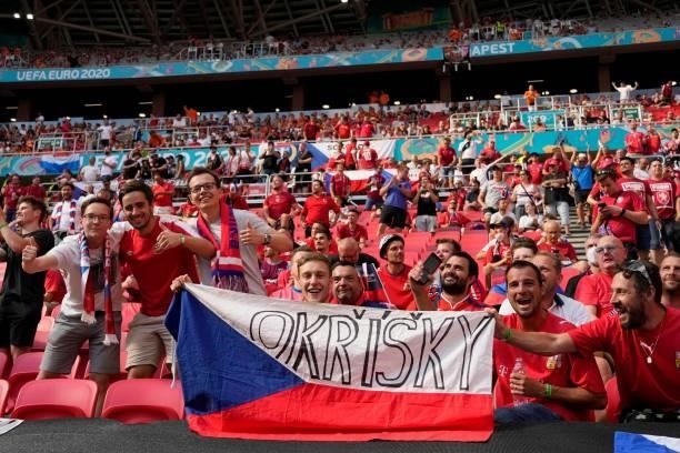 Czech Republic supporters cheer for their team before the UEFA EURO 2020 round of 16 football match between the Netherlands and the Czech Republic at...