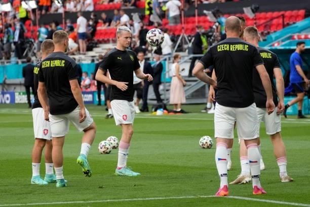 Czech Republic's midfielder Jakub Jankto warms up with teammates during the UEFA EURO 2020 round of 16 football match between the Netherlands and the...