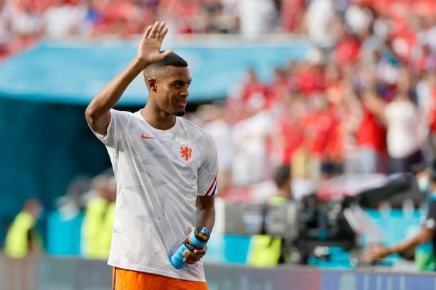 Netherlands' midfielder Ryan Gravenberch waves at supporters before the UEFA EURO 2020 round of 16 football match between the Netherlands and the...