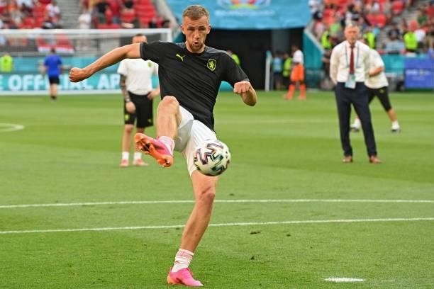 Czech Republic's midfielder Tomas Soucek warm up prior to the UEFA EURO 2020 round of 16 football match between the Netherlands and the Czech...