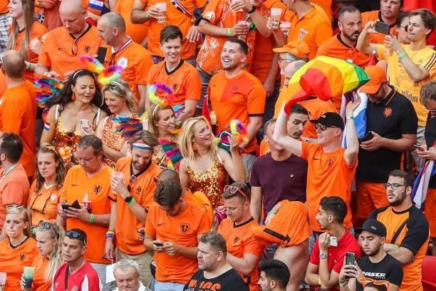 Supporters of the Netherlands with a rainbow flag during the UEFA EURO 2020 match between the Netherlands and the Czech Republic at the Puskas Arena...