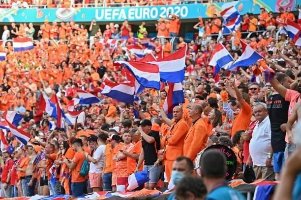 Netherlands' players cheer before the UEFA EURO 2020 round of 16 football match between the Netherlands and the Czech Republic at Puskas Arena in...