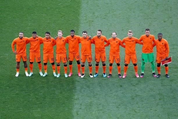 Netherlands' players line up prior to the UEFA EURO 2020 round of 16 football match between the Netherlands and the Czech Republic at Puskas Arena in...