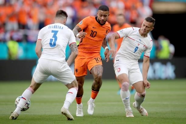 Memphis Depay of Holland, Tomas Holes of Czech Republic during the EURO match between Holland v Czech Republic at the Puskas Arena on June 27, 2021...