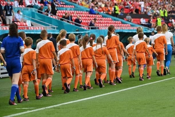 Children walk off the pitch before the UEFA EURO 2020 round of 16 football match between the Netherlands and the Czech Republic at Puskas Arena in...