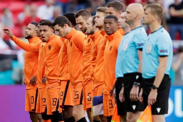 Line up of Holland during the EURO match between Holland v Czech Republic at the Puskas Arena on June 27, 2021 in Budapest Hungary