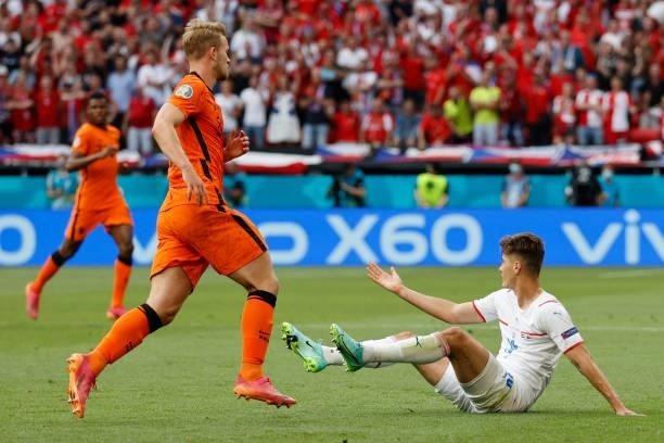 Czech Republic's forward Patrik Schick reacts after falling during the UEFA EURO 2020 round of 16 football match between the Netherlands and the...