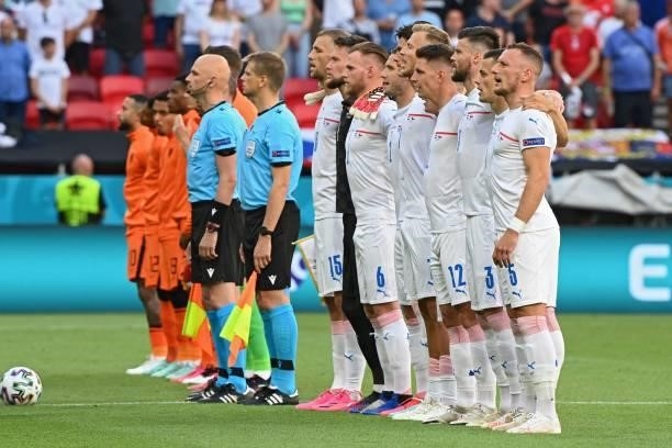 Czech Republic's players line up prior to the UEFA EURO 2020 round of 16 football match between the Netherlands and the Czech Republic at Puskas...