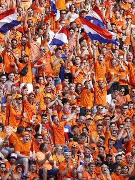 Supporters of the Netherlands during the UEFA EURO 2020 match between the Netherlands and the Czech Republic at the Puskas Arena on June 27, 2021 in...