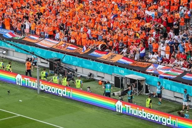Thuisbezorgd.nl advertisement featuring a rainbow flag during the UEFA EURO 2020 match between the Netherlands and the Czech Republic at the Puskas...