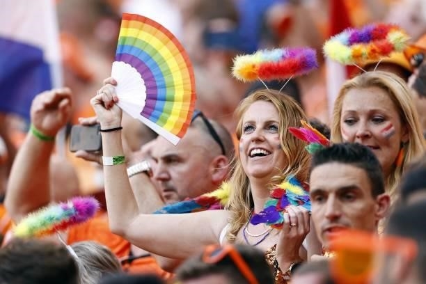 Supporters of the Netherlands react, at the Puskas Arena, in Budapest, on June 27 during the UEFA Euro 2020 football match between the Czech Republic...