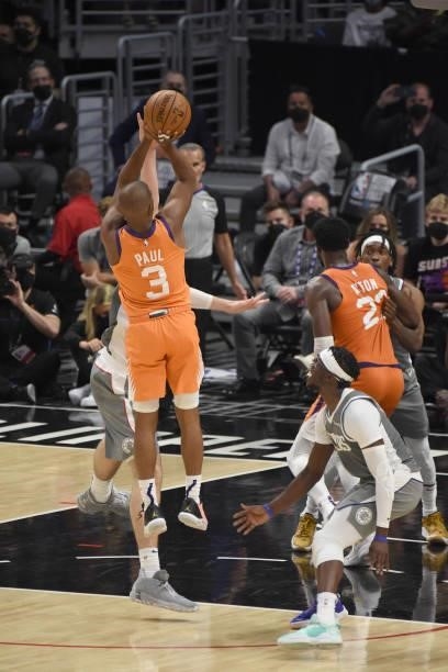 Chris Paul of the Phoenix Suns shoots the ball against the LA Clippers during Game 4 of the Western Conference Finals of the 2021 NBA Playoffs on...