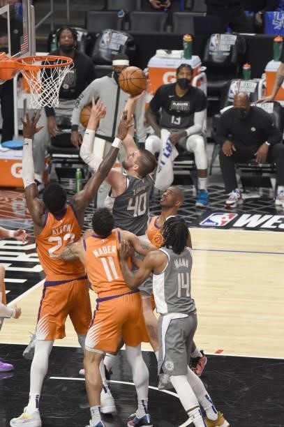 Ivica Zubac of the LA Clippers shoots the ball against the Phoenix Suns during Game 4 of the Western Conference Finals of the 2021 NBA Playoffs on...