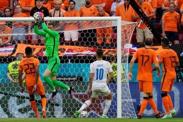 Netherlands' goalkeeper Maarten Stekelenburg stops a shot on goal by Czech Republic's forward Patrik Schick during the UEFA EURO 2020 round of 16...