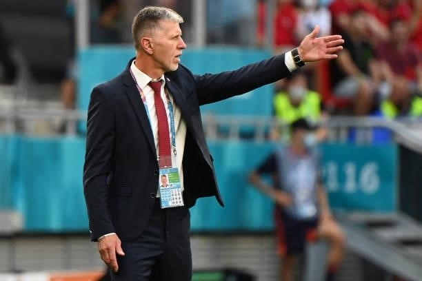 Czech Republic's coach Jaroslav Silhavy reacts during the UEFA EURO 2020 round of 16 football match between the Netherlands and the Czech Republic at...