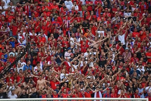 Czech Republic supporters cheer during the UEFA EURO 2020 round of 16 football match between the Netherlands and the Czech Republic at Puskas Arena...