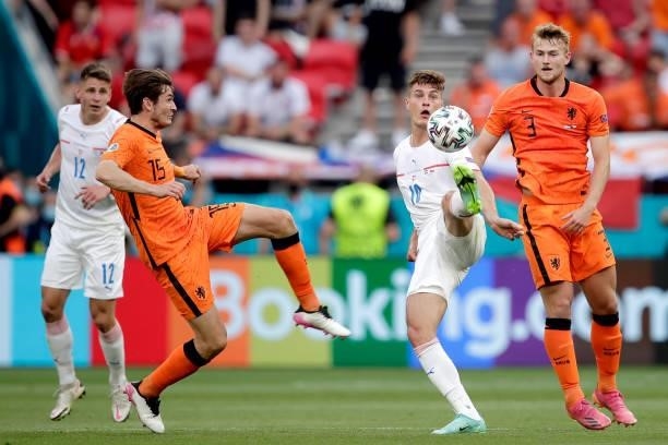 Marten de Roon of Holland, Patrik Schick of Czech Republic during the EURO match between Holland v Czech Republic at the Puskas Arena on June 27,...