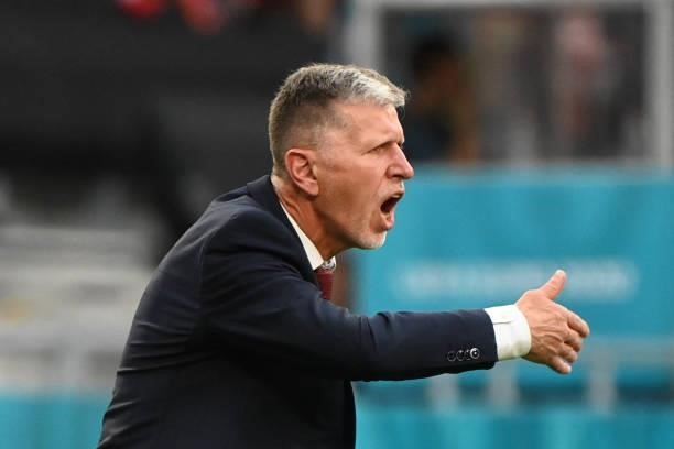 Czech Republic's coach Jaroslav Silhavy reacts during the UEFA EURO 2020 round of 16 football match between the Netherlands and the Czech Republic at...