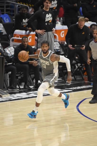 Paul George of the LA Clippers dribbles the ball against the Phoenix Suns during Game 4 of the Western Conference Finals of the 2021 NBA Playoffs on...