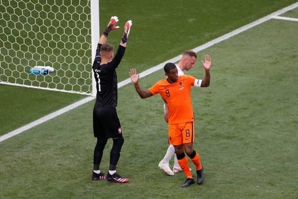 Netherlands' midfielder Georginio Wijnaldum reatcs next to Czech Republic's goalkeeper Tomas Vaclik during the UEFA EURO 2020 round of 16 football...