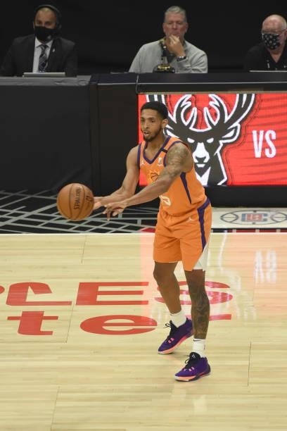 Cameron Payne of the Phoenix Suns passes the ball against the LA Clippers during Game 4 of the Western Conference Finals of the 2021 NBA Playoffs on...