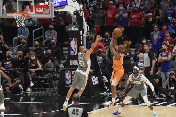 Chris Paul of the Phoenix Suns shoots the ball over Nicolas Batum of the LA Clippers during Game 4 of the Western Conference Finals of the 2021 NBA...