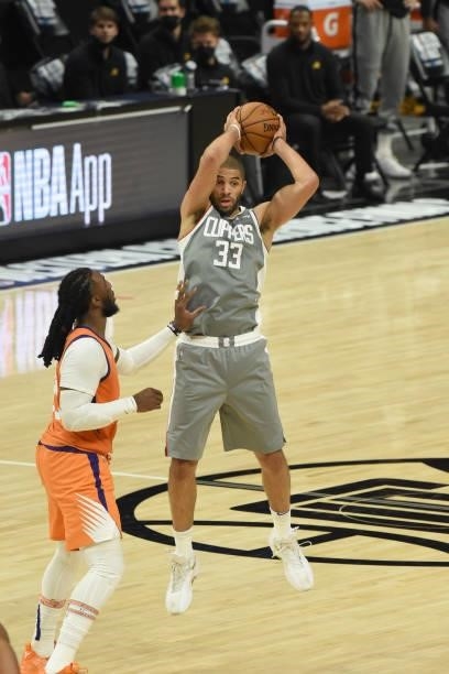 Jae Crowder of the Phoenix Suns plays defense on Nicolas Batum of the LA Clippers during Game 4 of the Western Conference Finals of the 2021 NBA...