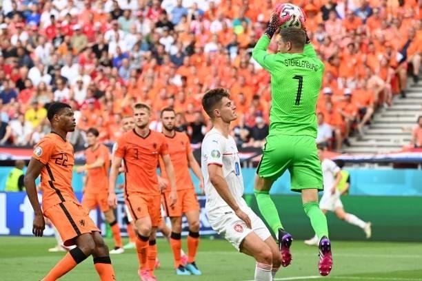 Netherlands' goalkeeper Maarten Stekelenburg catches the ball during the UEFA EURO 2020 round of 16 football match between the Netherlands and the...