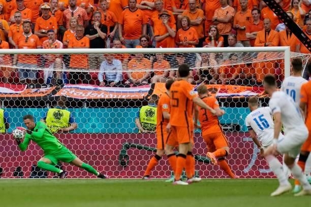 Netherlands' goalkeeper Maarten Stekelenburg stops a shot on goal by Czech Republic's midfielder Tomas Soucek during the UEFA EURO 2020 round of 16...