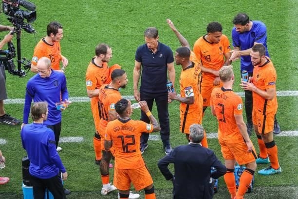 Players of the Netherlands having a drinking break during the UEFA EURO 2020 match between the Netherlands and the Czech Republic at the Puskas Arena...