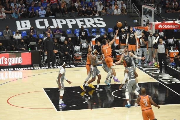 Devin Booker of the Phoenix Suns shoots the ball against the LA Clippers during Game 4 of the Western Conference Finals of the 2021 NBA Playoffs on...