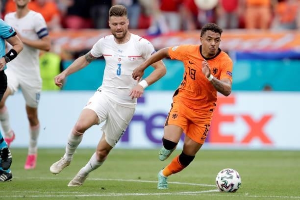 Ondrej Celustka of Czech Republic, Donyell Malen of Holland during the EURO match between Holland v Czech Republic at the Puskas Arena on June 27,...