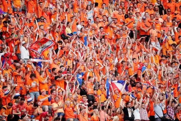 Supporters of Holland during the EURO match between Holland v Czech Republic at the Puskas Arena on June 27, 2021 in Budapest Hungary