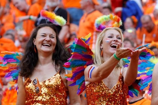 Netherlands supporters cheer during the UEFA EURO 2020 round of 16 football match between the Netherlands and the Czech Republic at Puskas Arena in...