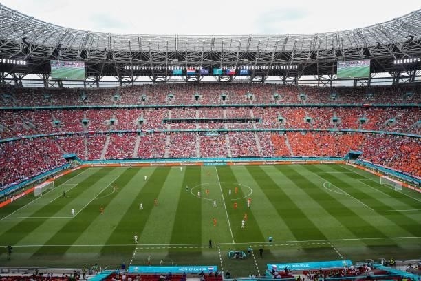 Overview of the stadium during the UEFA EURO 2020 match between the Netherlands and the Czech Republic at the Puskas Arena on June 27, 2021 in...