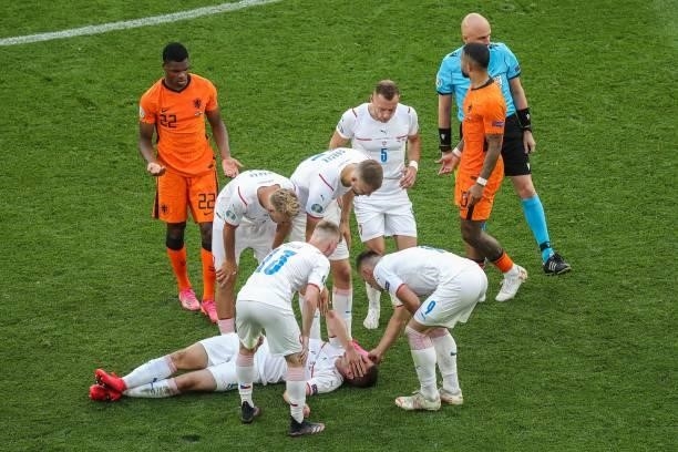 An injury to Pavel Kaderabek of Czech Republic during the UEFA EURO 2020 match between the Netherlands and the Czech Republic at the Puskas Arena on...