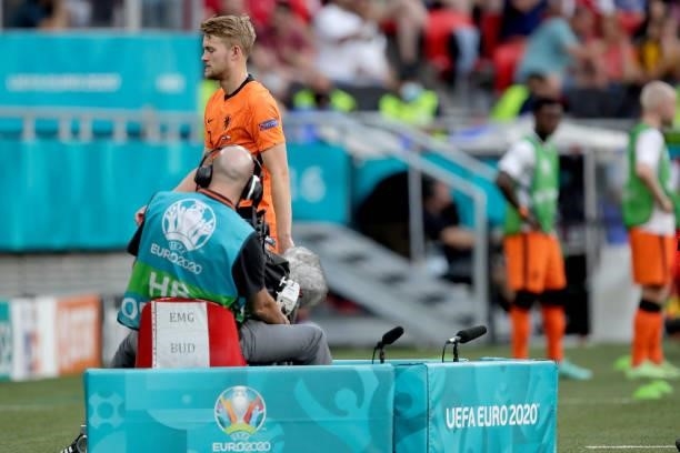 Matthijs de Ligt of Holland leaves the pitch after a red card during the EURO match between Holland v Czech Republic at the Puskas Arena on June 27,...