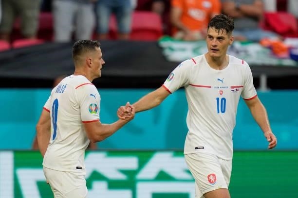 Czech Republic's forward Patrik Schick celebrates with Czech Republic's midfielder Tomas Holes after scoring their team's second goal during the UEFA...