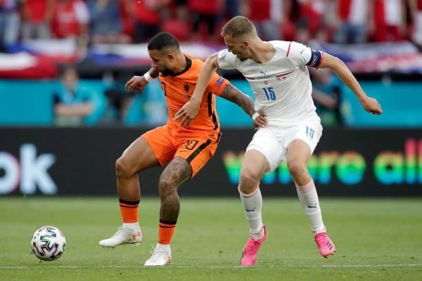 Memphis Depay of Holland, Tomas Soucek of Czech Republic during the EURO match between Holland v Czech Republic at the Puskas Arena on June 27, 2021...