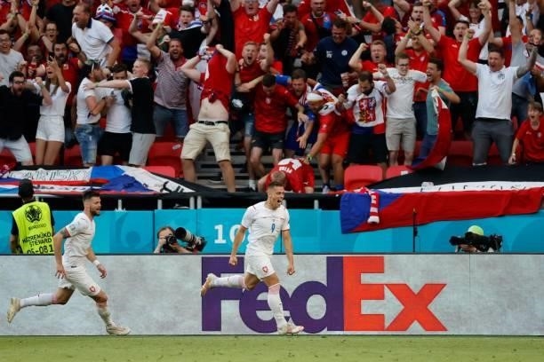 Czech Republic's midfielder Tomas Holes celebrates with Czech Republic's defender Ondrej Celustka after scoring a goal during the UEFA EURO 2020...