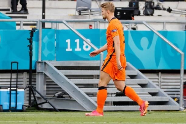 Netherlands' defender Matthijs de Ligt walks off the pitch after receiving a red card during the UEFA EURO 2020 round of 16 football match between...