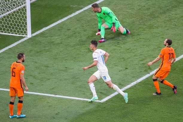 Patrik Schick of Czech Republic scores the 2-0 score during the UEFA EURO 2020 match between the Netherlands and the Czech Republic at the Puskas...