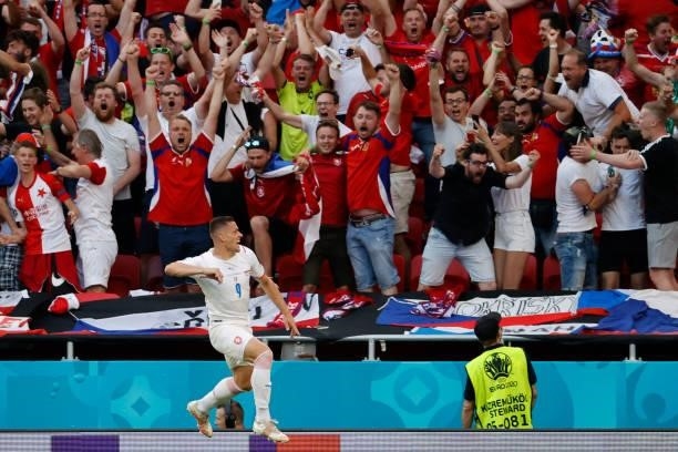 Czech Republic's midfielder Tomas Holes celebrates after scoring a goal during the UEFA EURO 2020 round of 16 football match between the Netherlands...