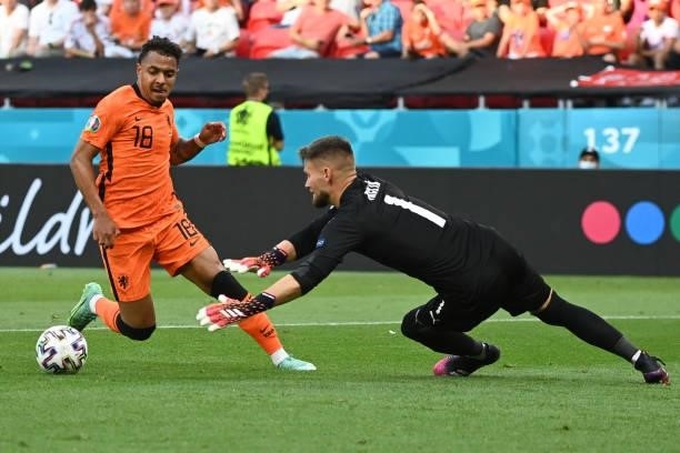 Netherlands' forward Donyell Malen fights for the ball with Czech Republic's goalkeeper Tomas Vaclik during the UEFA EURO 2020 round of 16 football...