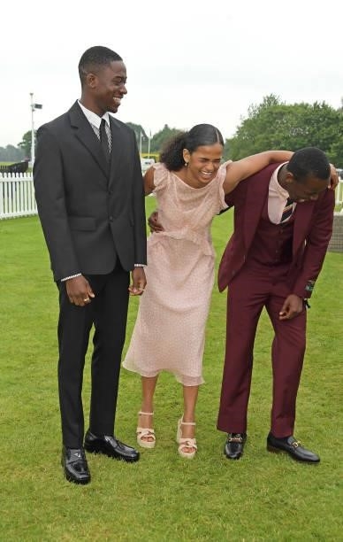 Damson Idris, Ramla Ali and Micheal Ward attend the Cartier Queen's Cup Polo 2021 at Guards Polo Club on June 27, 2021 in Egham, England.