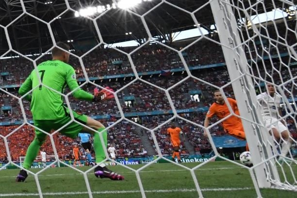 Czech Republic's forward Patrik Schick scores his team's second goal during the UEFA EURO 2020 round of 16 football match between the Netherlands and...