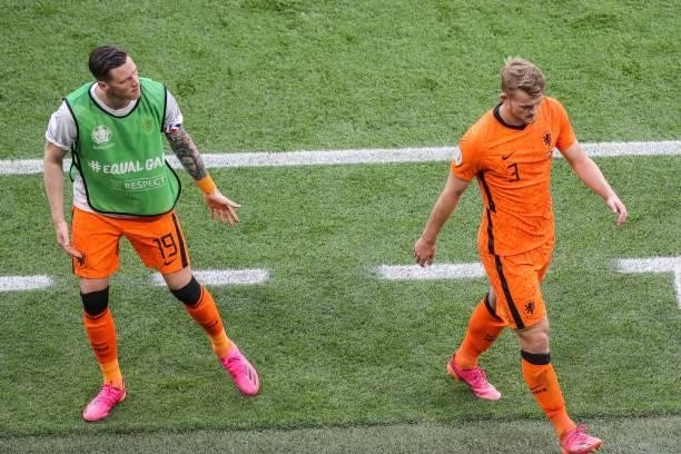 Wout Weghorst of Holland, Matthijs de Ligt of Holland leave the field after being shown a red card during the UEFA EURO 2020 game between the...