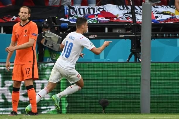 Czech Republic's forward Patrik Schick celebrates after scoring his team's second goal during the UEFA EURO 2020 round of 16 football match between...