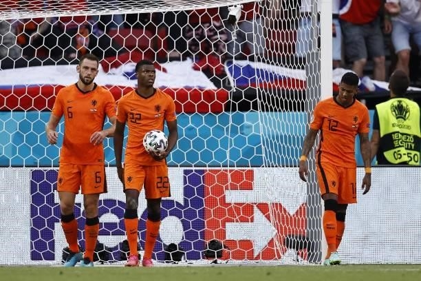 Stefan de Vrij of Holland, Denzel Dumfries of Holland, Patrick van Aanholt of Holland during the UEFA EURO 2020 game between the Netherlands and the...