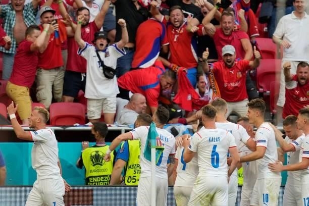 Czech Republic's players celebrate after scoring a goal during the UEFA EURO 2020 round of 16 football match between the Netherlands and the Czech...